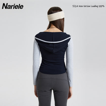 Heyhenry 2025 European and American Cotton Thread Embroidered Color-Block Hooded Crop Top Long-Sleeve T-Shirt for Women