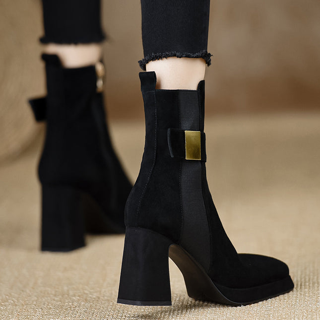 2025 New Women's Shoes~ New Short Boots, High-Heeled Boots, Chunky Heel, Waterproof Platform, Buckle Strap, Black
