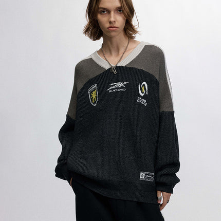 # OVDY Fall/Winter New Sweater Men's Looser Hand Brush Silk Screen Jacquard Street Tide Rovers V-Neck Knitted Shirt
