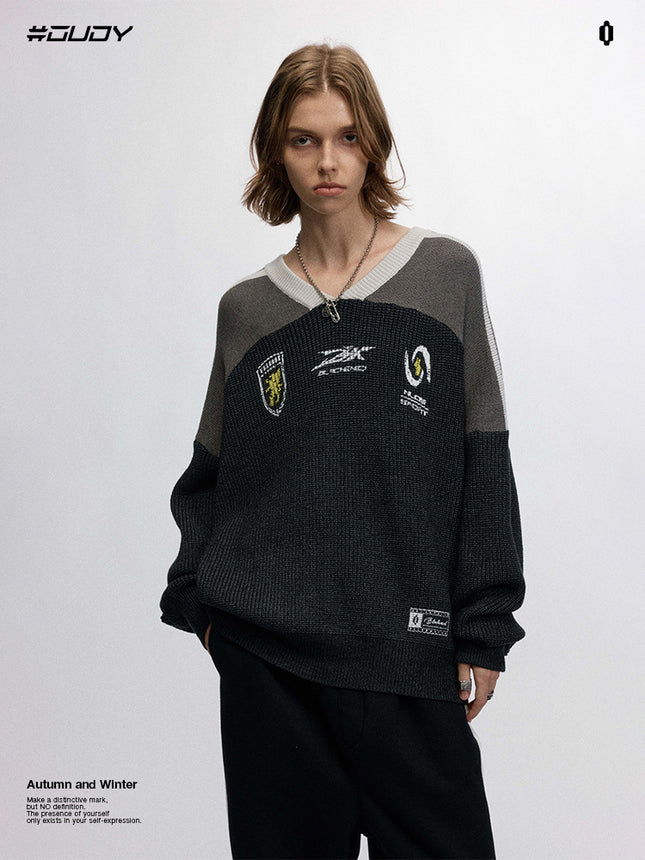 # OVDY Fall/Winter New Sweater Men's Looser Hand Brush Silk Screen Jacquard Street Tide Rovers V-Neck Knitted Shirt