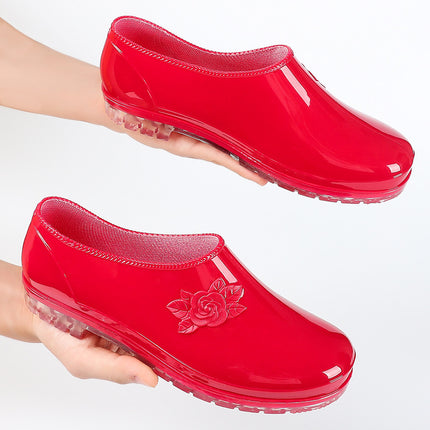 PVC Fashion Shallow Mouth Wear-resistant Kitchen Women's Water Shoes Non-slip Yuanbao Low-side Car Wash Labor Protection Red Rain Boots