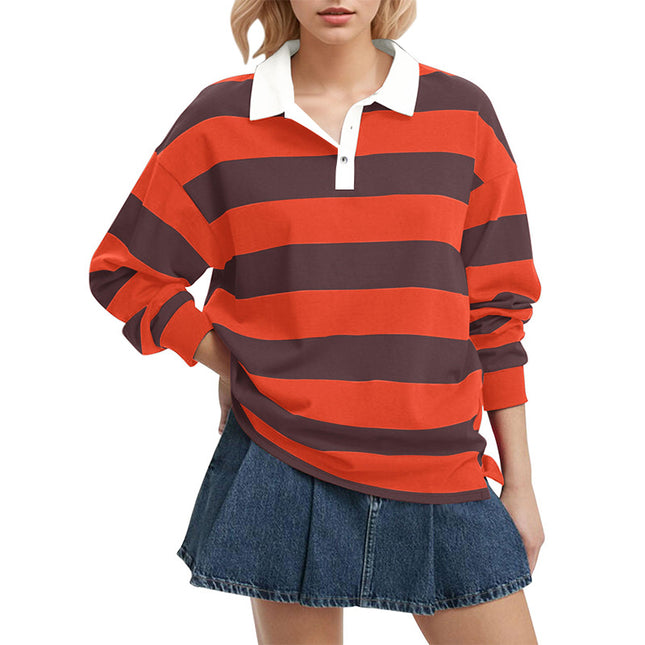 2025 European and American Cross-Border Long-Sleeved Stripesd T-Shirt Autum New Casual Versatile Loose Lapel Top