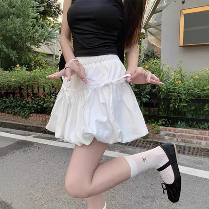 Pleated Bow Flower Bud Skirt Women's Summer Gray Niche Waist Slimming Lantern Anti-Exposure Skirt