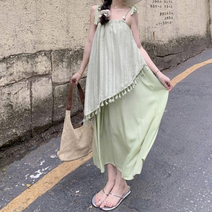 Seaside Resort Style Suspender Dress for Women Summer Small Fresh Green Tassel Splicing Fake Two-piece Elegant Long Skirt