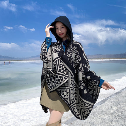 Ethnic Style Hooded Cape Shawl for Women, Fashionable and Stylish Thickened Version, Warm Outerwear for Travel and Photography Scarf