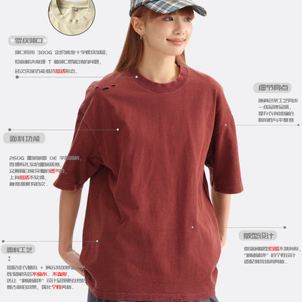 Black Fleet Distressed Short-Sleeve T-Shirt, Pure Cotton, Washed, Versatile for Everyday Wear, Crew Neck, Drop Shoulder, Half-Sleeve Top Mgd202