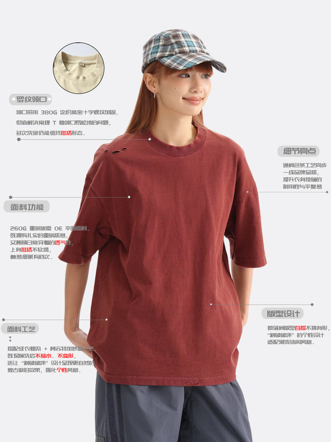 Black Fleet Distressed Short-Sleeve T-Shirt, Pure Cotton, Washed, Versatile for Everyday Wear, Crew Neck, Drop Shoulder, Half-Sleeve Top Mgd202