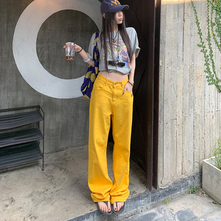 Yellow Wide Leg Jeans Women's 2025 Spring and Autumn New Straight Loose High Waist Dosing Slim-fit All-match Mop Pants