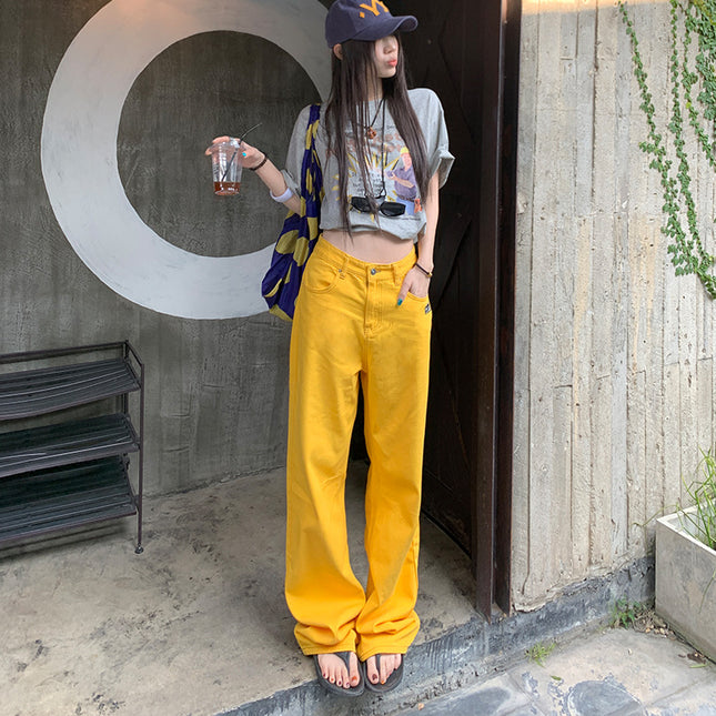 Yellow Wide Leg Jeans Women's 2025 Spring and Autumn New Straight Loose High Waist Dosing Slim-fit All-match Mop Pants