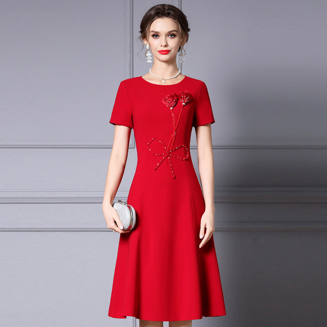Zhili 2026 Stunning Dress for Women, New Summer Style with Beaded Flowers, Formal Occasion Red Waist-Cinching Dress