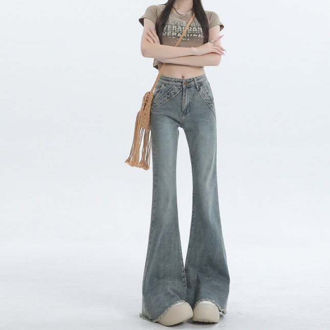 Women's Jeans Autumn New Vintage Color Flared High-Waisted Pear-Shaped Figure Frayed Slimming Bell-Bottom Pants
