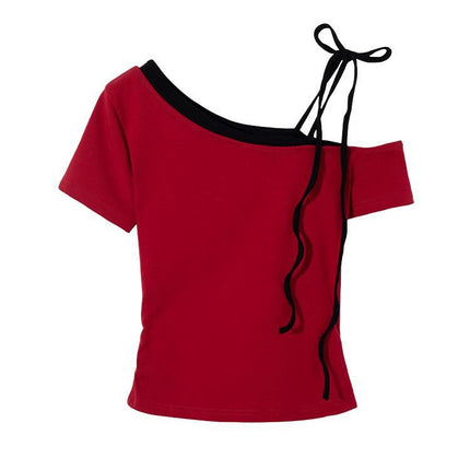 In-Stock Red Spicy Girl Off-Shoulder Short-Sleeve T-Shirt for Women, Summer Slim-Fit Design with Straps, Off-Shoulder Crop Top