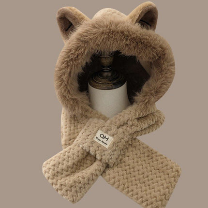Autumn and Winter Hats for Women, Cute Plush Scarf, Thickened Integrated Neck Warmer, Plush Hat for Cycling, Warm Ear Protection Hat