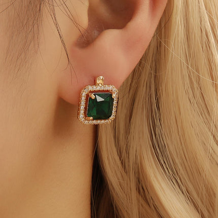 Fashionable Emerald Copper Inlaid Zircon Earrings Small Retro Accessible Luxury Geometric Square Zircon Earrings for Women