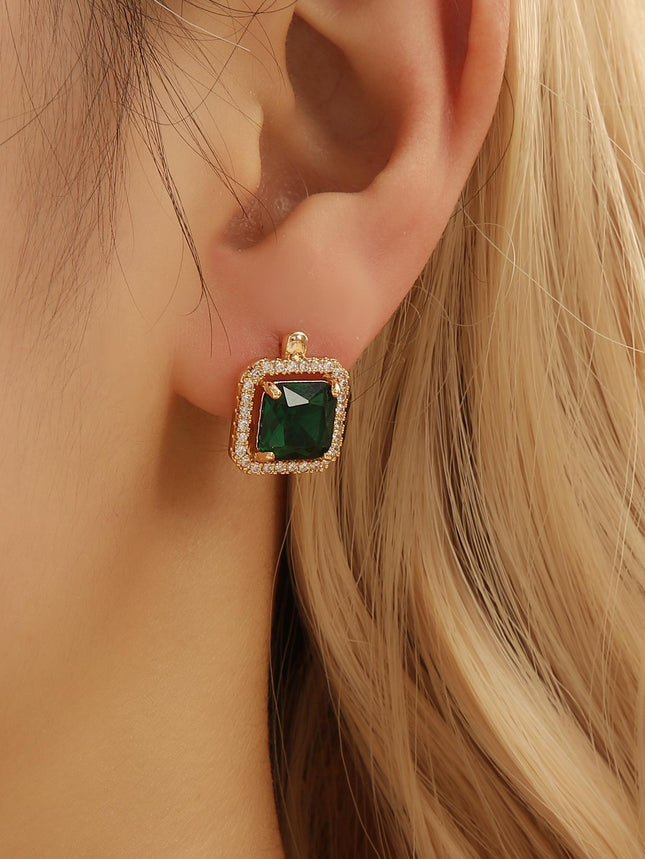 Fashionable Emerald Copper Inlaid Zircon Earrings Small Retro Accessible Luxury Geometric Square Zircon Earrings for Women