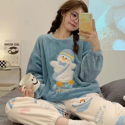 2024 New Autumn and Winter Coral Velvet Cartoon Stripesd Women's Pajamas Thickeneded and Wearable Home Wear Set