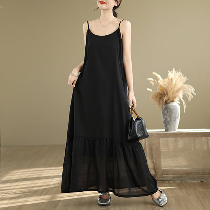 Real Shot of 2025 Summer New Style White Minimalist Extended Cotton-Polyester Splicing Slip Dress Slimming Fishtail Dress for Women