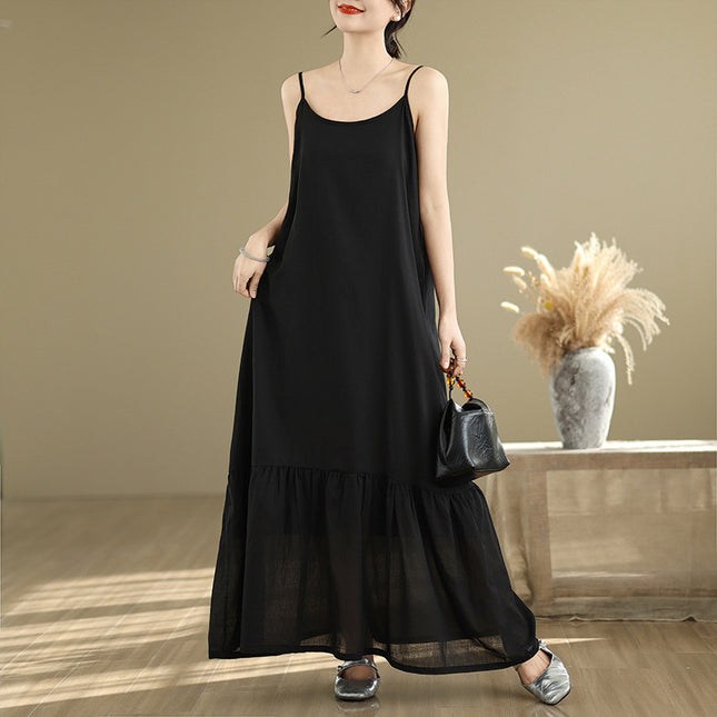 Real Shot of 2025 Summer New Style White Minimalist Extended Cotton-Polyester Splicing Slip Dress Slimming Fishtail Dress for Women