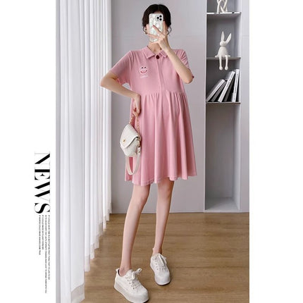 Pregnant Women's Dress Women's Summer Trendy Mom Thin Short-sleeved Top Pink Polo Collar Fashion Nursing Summer Dress