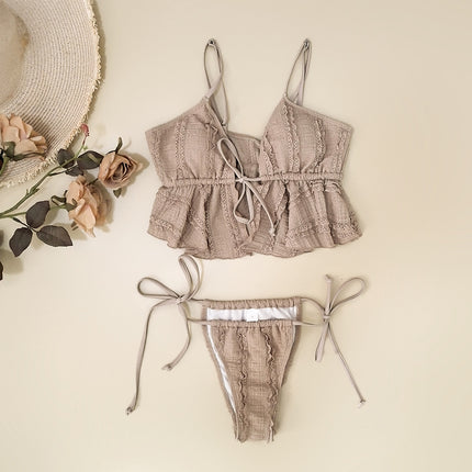 2025 new foreign trade hot khaki ruffled chest strap bikini spell a lot of hot ladies swimwear