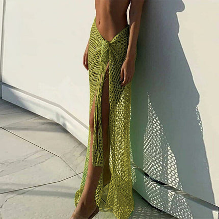 Cross-Border European and American Sexy Hollow Long Beach Skirt Solid Color Knitted Skirt Vacation Sun Protection Mesh Slit Long Skirt