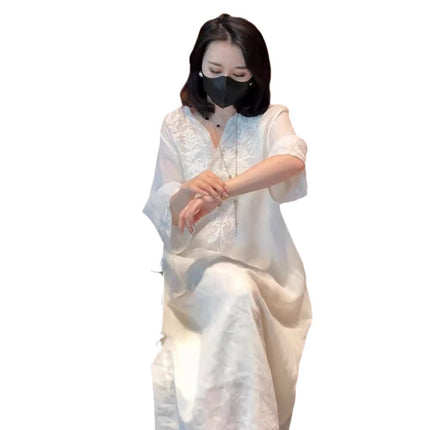Retro half-open collar cotton and linen dress women's 2024 Summer new artistic style high-end embroidered holiday style midi dress