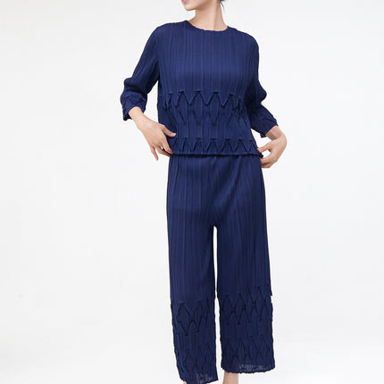 Women's Spring Women's Suits, High-End Pleated Clothes, a Complete Set of T-Shirts, Tops, Straight Pants, Miyake Two-Piece Set
