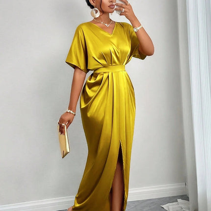 Foreign Trade Women's Clothing Cross-Border Early Spring New Satin Dress European and American Style Ball Gown Satin Waist-Cinching Long Dress Wholesale