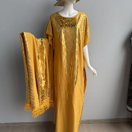 (In-Stock Cross-Border Exclusive) Popular African Robe Set with Rayon Gold-Stamped Large Headscarf, Loose Fit