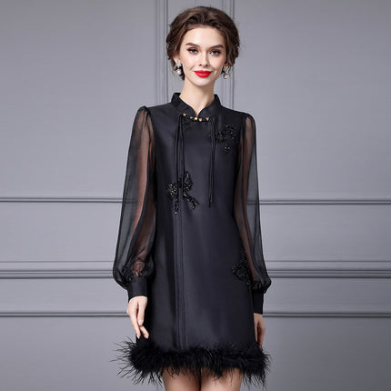 Zhili New Chinese Style Red Festive A-Line Dress 2026 Spring New Model Tummy-Concealing Long Sleeve Dress for Important Occasions