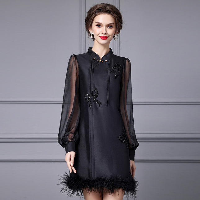 Zhili New Chinese Style Red Festive A-Line Dress 2026 Spring New Model Tummy-Concealing Long Sleeve Dress for Important Occasions