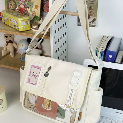 Japanese-Style Original Canvas Tote Bag, College Style Design, Casual Versatile Shoulder Bag, Lightweight Waterproof Burden-Reducing Crossbody Bag