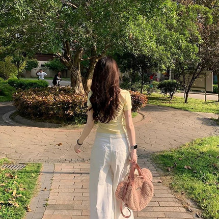 Cream Yellow Polka Dot Fake Two-Piece Right Shoulder Short-Sleeved T-Shirt for Women Summer Slim Lace Sweet Sexy Short Top