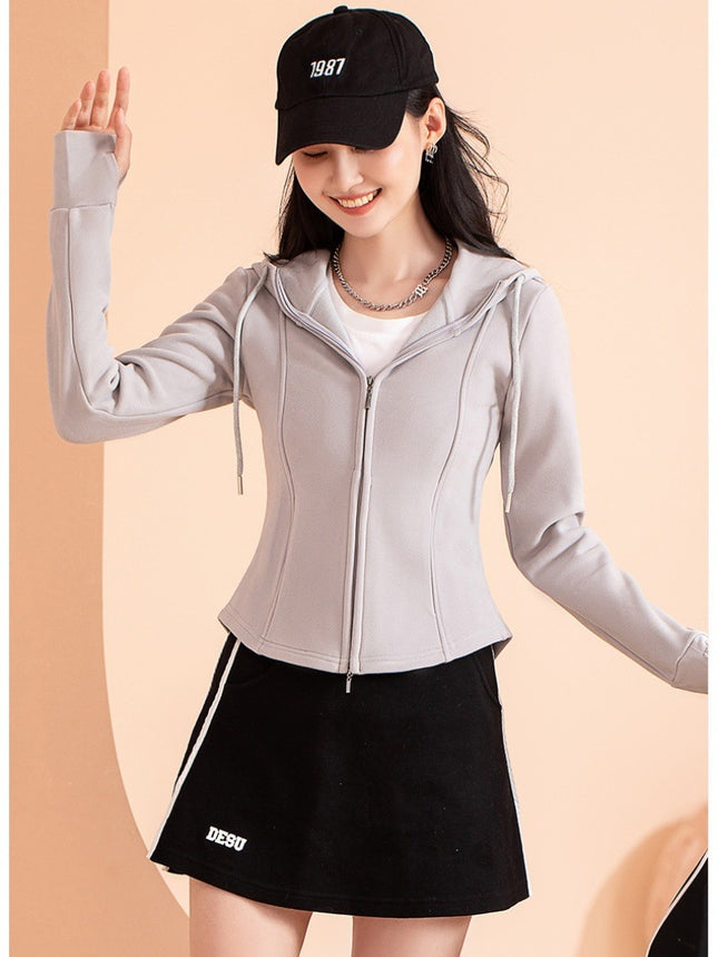 Graphene Hooded Short Jacket, Slim Fit, Versatile Double-Sided Fleece Sweatshirt, Cardigan, Heated Short Style for Autumn and Winter, Slim Fit