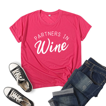 Foreign Trade Cross-border PARTNERS IN WINE Printed Short-sleeved Crewneck T-shirt European and American Men's and Women's Top Loose Casual
