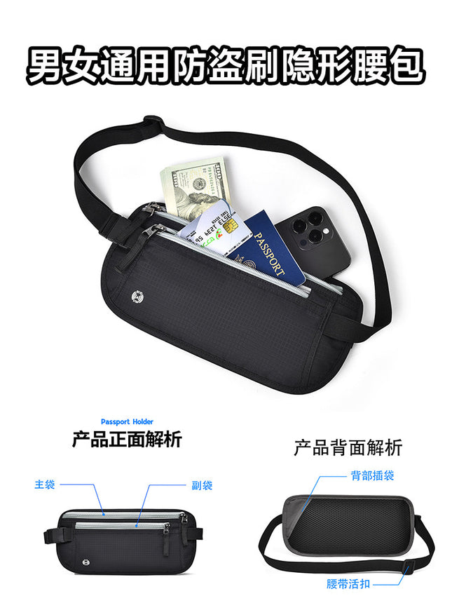 Anti-theft brush travel passport ID bag close-fitting invisible waterproof change mobile phone waist bag ID card storage bag fixed printing