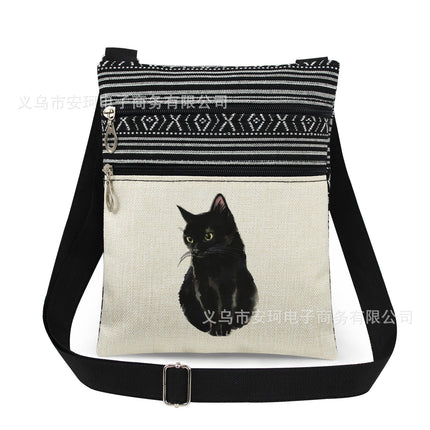 Cross-Border New Product Double Zipper Cat Print Single Shoulder Crossbody Bag Ultra-Light Cross-Border Style Messenger Bag Fashionable and Cute Women's Bag