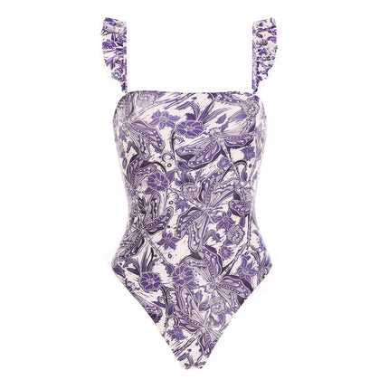 2024 European and American Swimwear New Mini Ruffled Purple Dragonfly Printed Swimsuit suit Women's Cross-border Explosions