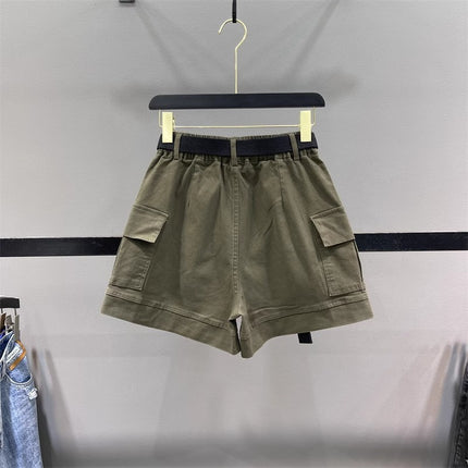 American-Style Military Green Pocket Cargo Denim Shorts for Women, 2025 New Summer High-Waisted Loose A-Line Wide-Leg Hot Pants