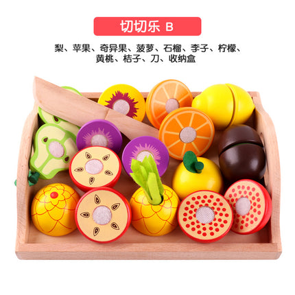 Wooden Children's Play-house Simulation Fruit and Vegetable Cutting Music Baby Kitchen Cutting Watch Game Vegetable in stock