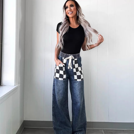 2026 European and American Cross-Border Spring New Products, Fashionable Casual Loose Plaid Contrasting Color Women's Denim Pants 8959