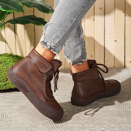 Cross-Border Export 2025 Autumn and Winter New Single Boots for Women Handmade Retro Casual Thick-Soled Comfortable Soft-Soled Lace-Up Short Boots
