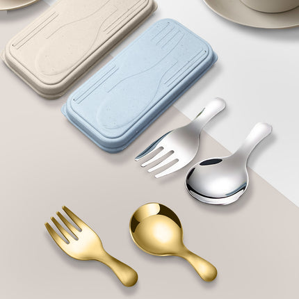 Stainless Steel Portable Spoon and Fork Set Children's Rice Spoon Dessert Spoon Fruit Fork Short Handle Fork Spoon Mini Tableware