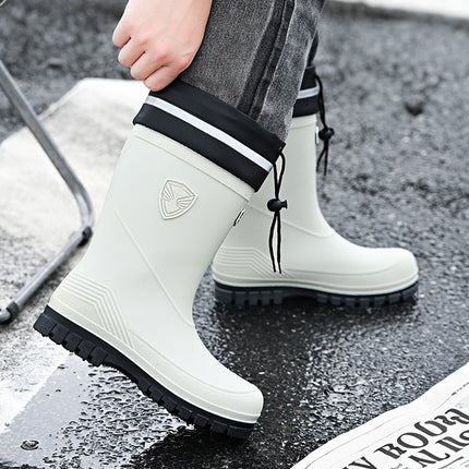2026 New Cross-Border Korean and Japanese Waterproof Rubber Shoes, Fashionable Water Shoes, Outdoor Non-Slip Mid-Calf Fleece-Lined Men's Rain Boots