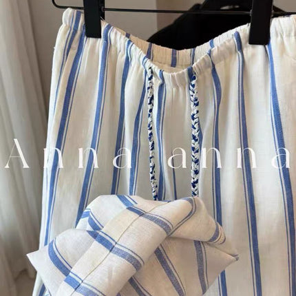 Highly Recommended! Blue and White Striped Linen Wide-Leg Pants 2025 Summer Lazy Drape Cotton-Linen Floor-Length Pants