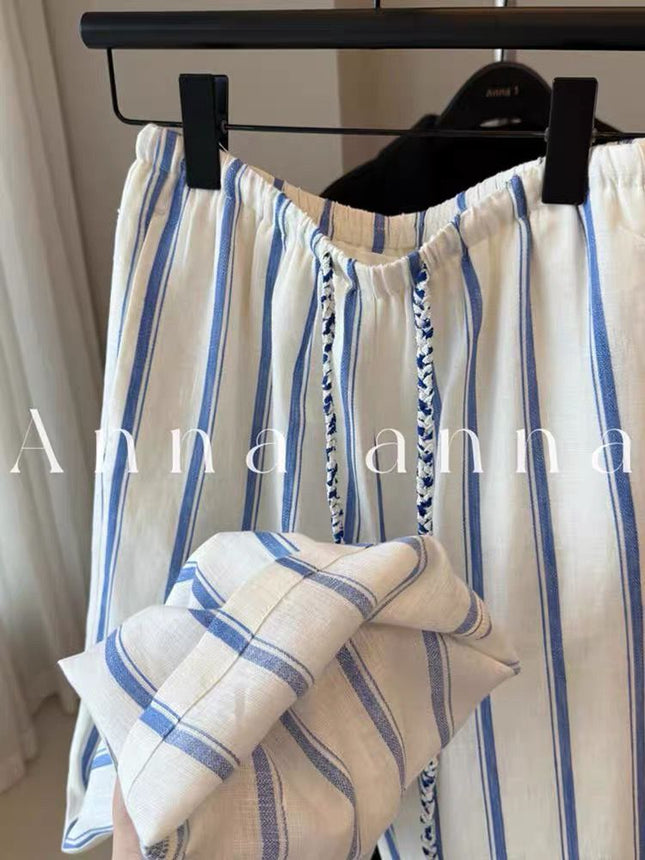Highly Recommended! Blue and White Striped Linen Wide-Leg Pants 2025 Summer Lazy Drape Cotton-Linen Floor-Length Pants