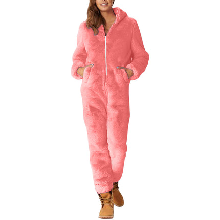 2022 Cross-border Europe and America Amazon Solid Color Thickened Double-sided Fleece Hooded Jumpsuit Casual Couple Home Wear