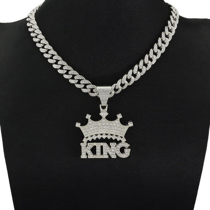 Full Diamond Crown King Letter Pendant Cuban Chain Necklace Hipster Hip Hop Personality Diamond Punk Wear Clavicle Chain