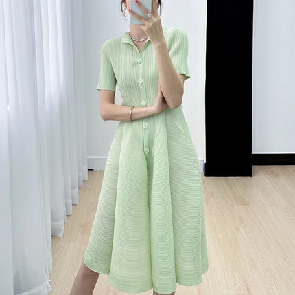 Miyake Elegant, Gentle, Elegant, Comfortable, Simple, Slim Waist Dress for Women 2023 Summer New Casual Pleats