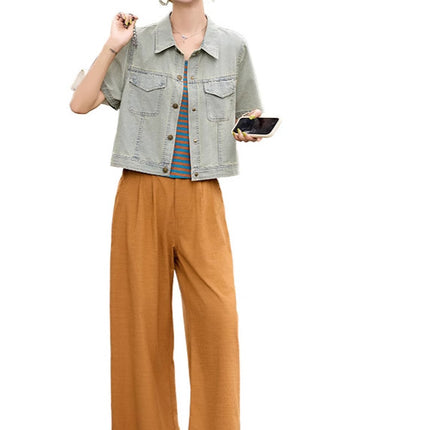 This Year's Popular Outfit Is a Complete Set of Fashionable Suits. 2025 Summer Fashionable Casual Denim Jacket Three-Piece Set